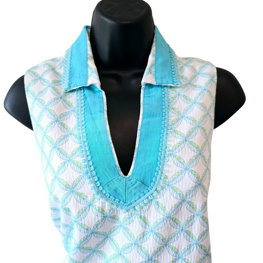 Turquoise Seersucker Geometric Print Sleeveless Shift Dress V-Neck Trim - Picture 2 of 9